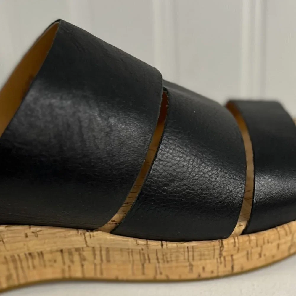 Kork-Ease Women's 10 M Menzie Platform Sandals Black Leather 3 Strap Wedge Shoes